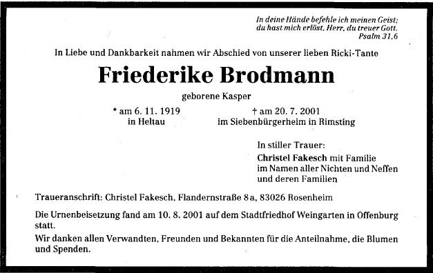 Kasper Friedericke 1919-2001 Todesanzeige